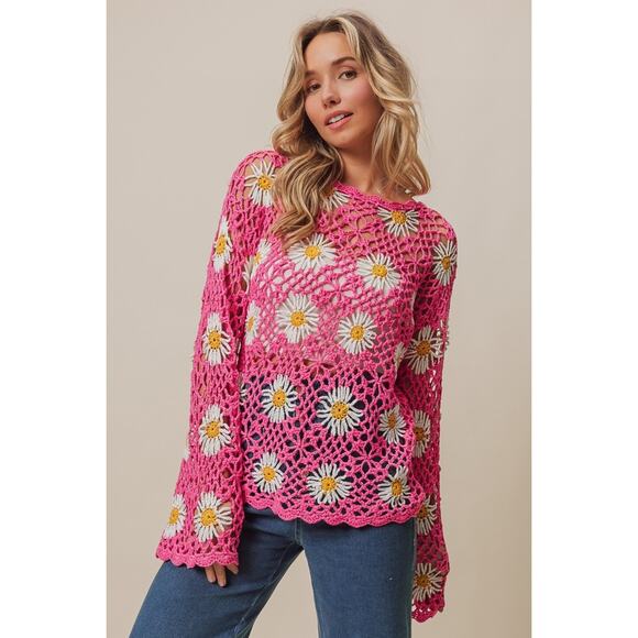 BiBi Pink Daisy Floral Crochet Lace Cover Up Bell Sleeve Sweater Size Small NEW - Picture 2 of 5